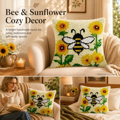 Bee Sunflower Latch Hook Kits for Adults Beginners, Pre-Printed 17“ X 17" - Image 2