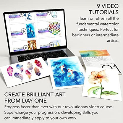 CHROMATEK Watercolor Tutorial Set, 7 Part Video Course, 84 Piece All-In-One Kit, Adults, Beginner & Professional Artists, 48 Watercolor Paint Tubes, 25 Page Workbook, 8 Brushes, Aquapen, Palette, Tape - Image 6