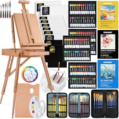 196Pcs Deluxe Artist Painting Set with French Easel, 48 Colors Acrylic & Oil Paints, 24 Colors Watercolor Paints, Art Paint Supplies for Artists, Beginner & Adults by Senmink