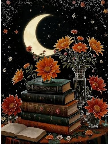 Lzyueyuan Book Flower Stamped Cross Stitch Kits for Adults Beginner, Moon Cross Stitch Ornament Kits Counted Embroidery Needlepoint Kits Home Decor 11.8X15.7inch by Unknown