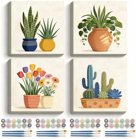 Amphol Framed Paint by Numbers Kit for Adults Beginners - 4 Pack 10”x10” Easy Plant Potted Paint by Number on Framed Canvas, DIY Small Frame Painting Arts with Acrylic Paints for Home Wall Decor Gift by Amphol