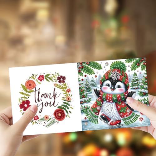 jinglinhh 6pcs Diamond Art Painting Christmas Penguin Snowman Aurora Greeting Cards with Envelopes, DIY Card Making Kits for Adults, Diamond Art Postcards Holiday Cards Craft Gifts - Image 4