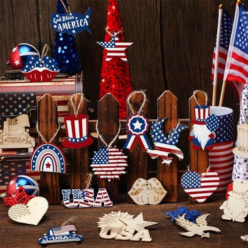 JellyArch 36 Pcs 4th of July Crafts Patriotic Wood Cutouts for Kids, 250th Anniversary Independence Day Blank Unfinished Wooden Shapes Slices Memorial DIY Hanging Ornaments for School Home Party - Image 6