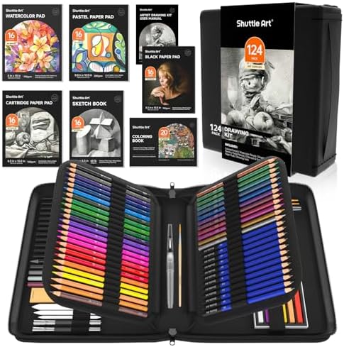 Shuttle Art 124 PCS Drawing Kit, Professional Drawing Supplies with Sketch, Charcoal, Colored, Graphite, Pastel Pencils & Sticks, Complete Drawing Tools and Paper Pads in Zipper Case for Artists&Kids by ShuttleArt