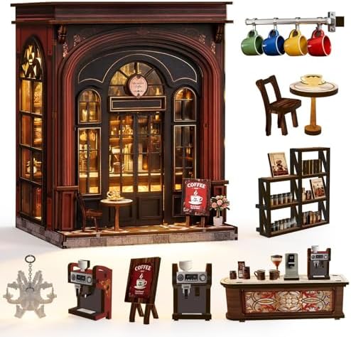 DIY Book Nook Kit, 3D Wooden Puzzle Miniature House with LED Light, Dollhouse Bookshelf Insert, Tiny House Model Building Kit, Unique Creative Gift for Adults and Teens (Warmglow Coffee) by ANTREATU