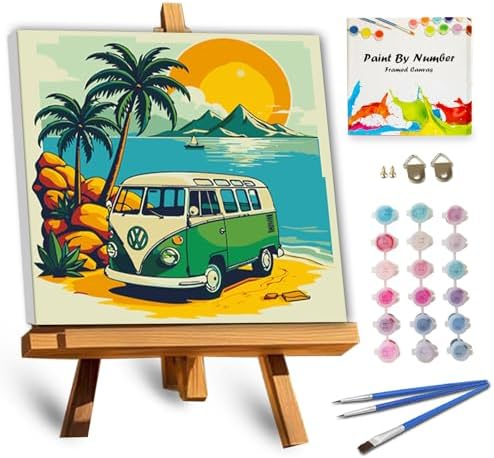 TOCARE Framed Paint by Numbers Kit for Adults Beginner & Kids Ages 8-12,Palm Tree Bus Paint by Number Framed,Simple Oil Paint by Number Kits on Canvas Framed Bus(10x10 Inch, Without Easel) by TOCAREDirect