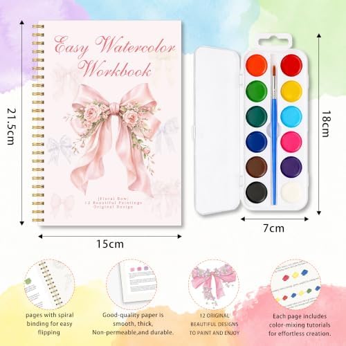 Floral Bow Watercolor Book, Easy Painting Workbook with Palette and Brush - Image 2