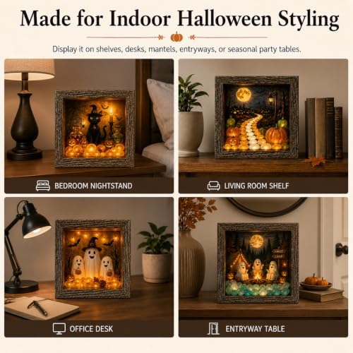 DIY Halloween Shadow Box Night Light Kit, 8.5 Inch Wooden Frame LED Craft Set with Luminous Stones & Acrylic Panels, Create Your Own Spooky Ghost & Pumpkin Scene, Fall Autumn Tabletop Home Decor - Image 7