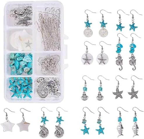 SUNNYCLUE 1 Box DIY 10 Pair Starfish Seahorse Shell Turquoise Earring Making Kit Jewelry Making Supplies Beading Starter Kits for Beginner Adults, Fish Hook, Ocean Beach Theme, Instruction by SUNNYCLUE