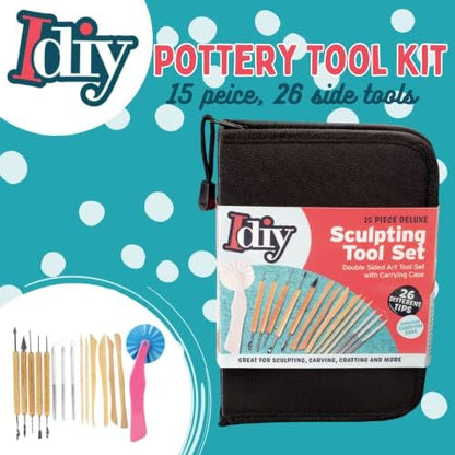 Pottery Tool Starter Kit- 15-Piece 26-Tool Beginner's Clay Ceramics Modeling Carving Sculpting Set- Arts & Crafts School Project, w Carrying Case, Birthday Gift for Kids, Gift Set for Artists - Image 2