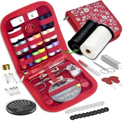 Sewing Kit Gifts for Grandma, Mom, Friend, Traveler, Adults, Beginner, Emergency,Sewing Supplies Accessories with Scissors,Sewing Needles Thimble, Thread,Tape Measure etc(Wildflower red, S) by LE+PAON