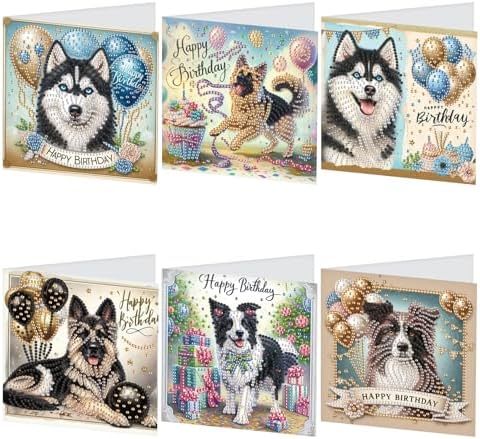 TDFERAN Diamond Painting Dog Birthday Card 6 Set Husky Cards Art Work Crystal Puzzle Dog Birthday Party Diamond Balloon Invitation Animal Party Holiday Event Cards Card for All Occasions by TDFERAN