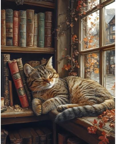 Clendo Sleeping Cat Paint by Numbers Kit for Adults - Bookshelf Paint by Numbers for Adults Beginner, DIY Acrylic EasyPainting by Number on Canvas Home Wall Decor 16”W x 20”L by Clendo