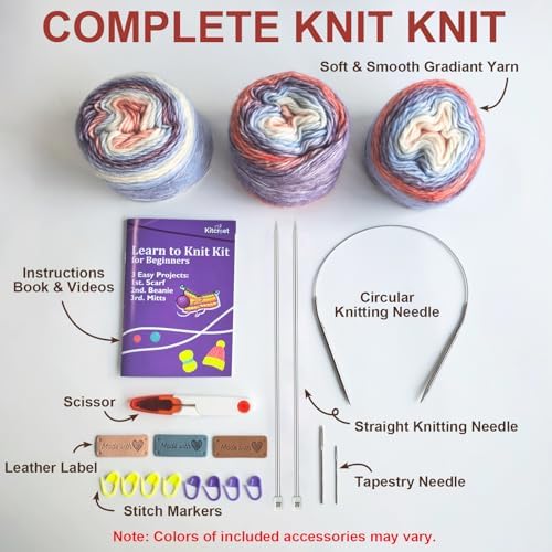 Complete Knitting Kit for Beginners, Scarf, Hat & Gloves, Amethyst Ombre - Image 7