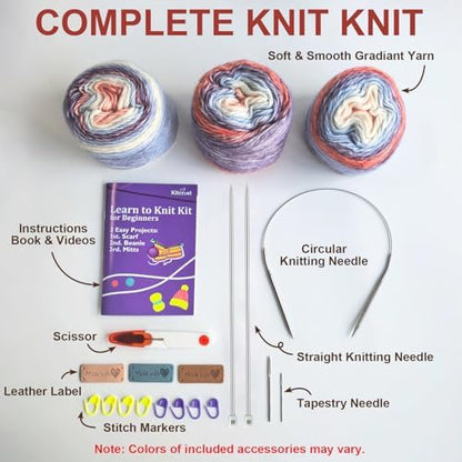 Complete Knitting Kit for Beginners, Scarf, Hat & Gloves, Amethyst Ombre - Image 7