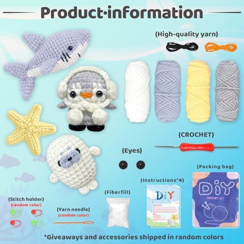 YAMAXIN Crochet Kit for Beginners – Ocean Animal Amigurumi DIY Yarn Kit with Step-by-Step Instructions, Tools & Soft Yarn – 4 Pack Crochet Kit Gift for Adults, Teens & Kids - Image 3