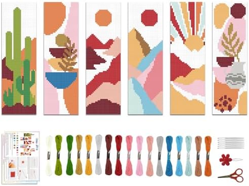 ACRNIGHEET 6PCS Cross Stitch Bookmark Kit for Beginner Boho Abstract Landscape Stamped Cross Stitch Kits for Adults Crossstitch Kits Adult Bookmarks with Instructions Hand Embroidery Craft Gift 11CT by ACRNIGHEET
