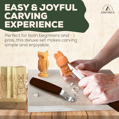 Wood Carving Kit – 29Pcs Whittling Knife Set with 9 Knives, Basswood Blocks w/Carved Guides, Safety Gloves, Whetstone, Stropping Leather & Roll Bag – AMPARIA Premium Tools for Beginner & Professional - Image 5