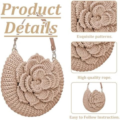 FREEBLOSS DIY Crochet Bag Making Kit Crochet Starter Kit with Video Tutorial PU Leather Handle Handmade Shoulder Bag Set for Beginners Birthday Gift Beige - Image 3