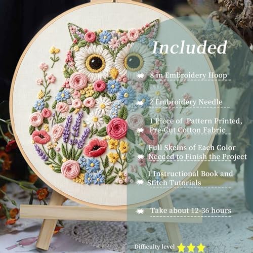 FONNUY Floral Owl Embroidery Kit for Beginners, DIY Handmade Flower Animal Embroidery Set with Hoop, Stamped Cross Stitch Kit for Adults, Unique Home Wall Art Decor & Craft Gift (Colorful) - Image 2