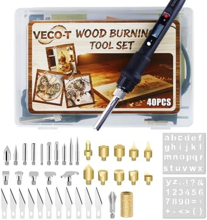 40Pcs Wood Burning Kit, Craft Culture Burning Tools for Beginners,Adults,Engraver, Carver, Pyrography,Adjustable Temp Wood Burning Pen Ideal for Woodworking and Carving by VECO-T