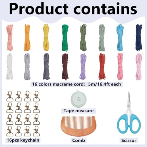 BEUNITONE 16Pcs Colorful Keychain Making Kit with Instruction, Adult Boho Macrame Cord Keychain DIY Craft Supplies Kits for Beginners, Keychains Decoration for Phone, Car, Key - Image 2
