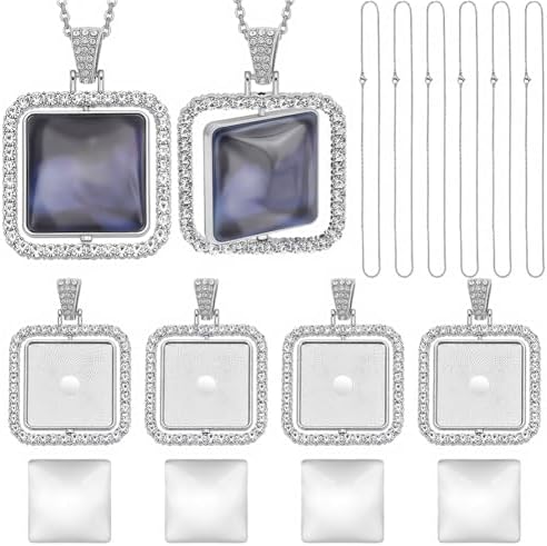 24Pcs 6 Sets Cabochon Necklace Kit Square Bezel Pendant Trays with Glass Cabochons and Chain Rhinestone Rotatable Double Sided Bezel Charms for Jewelry Making Supplies Necklace Gift Adults by SOFPLATE