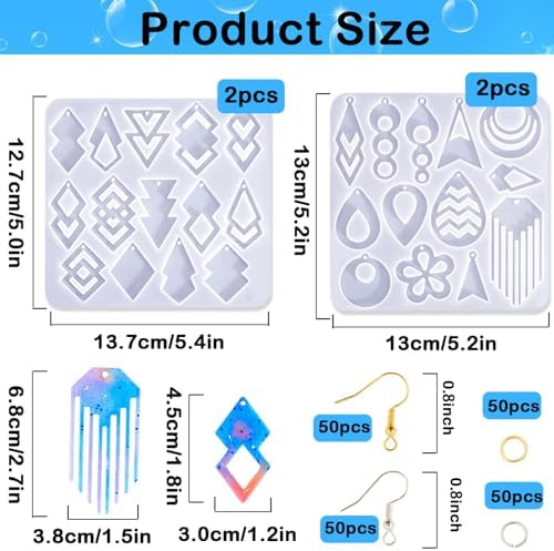 204Pcs Geometric Resin Earring Mold Kit - 4 Reusable Dual-Cavity Silicone Earring Molds for Epoxy Resin Jewelry Making with 200 Ear Hooks Jump Rings - Make Dangle Drop Charms, Keychains, Pendants - Image 2