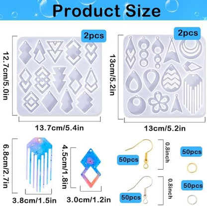 204Pcs Geometric Resin Earring Mold Kit - 4 Reusable Dual-Cavity Silicone Earring Molds for Epoxy Resin Jewelry Making with 200 Ear Hooks Jump Rings - Make Dangle Drop Charms, Keychains, Pendants - Image 2
