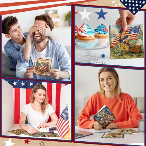Saillong 12 Pack Vintage 4th of July Diamond Painting Greeting Card Kits Patriotic Diamond Art Cards with Envelopes Retro Red White Blue 5D Rhinestones Painting Making Kits for Adults DIY Craft Gifts - Image 5