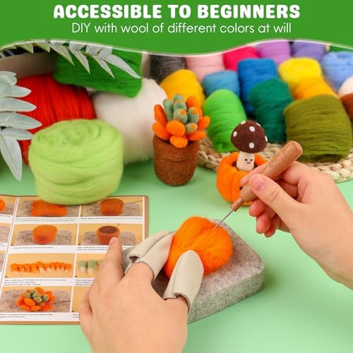 Needle Felting Kit for Beginners, 28 Colors Wool Roving DIY Succulent Plants Craft Set with Felting Needles, Pad & Tools, Wool Felt Kit for Mini Potted Plants Home Decoration & Christmas Gift - Image 4