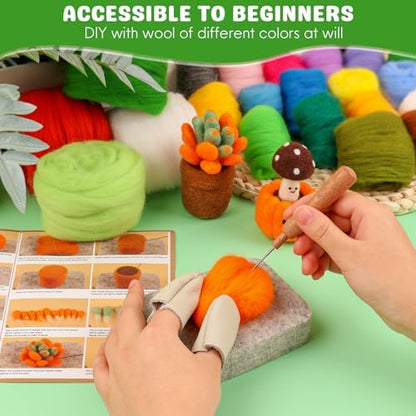 Needle Felting Kit for Beginners, 28 Colors Wool Roving DIY Succulent Plants Craft Set with Felting Needles, Pad & Tools, Wool Felt Kit for Mini Potted Plants Home Decoration & Christmas Gift - Image 4