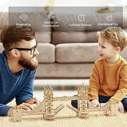 ROBOTIME 3D Puzzle Wooden Craft Kits with LED Light DIY Tower Bridge Construction Model Kit to Build for Teens Brain Teaser Puzzle Home Decor Birthday Gifts - Image 5