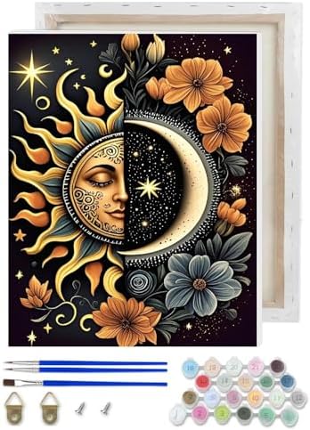 Celestial Body Paint by Numbers Kit for Adults Beginner with Framed,Sun and Moon Easy Adult Paint by Number Kits on Canvas DIY Painting for Beginners Art by Numbers for Home Wall Decor 10x12 Inch by NEGEKFKX
