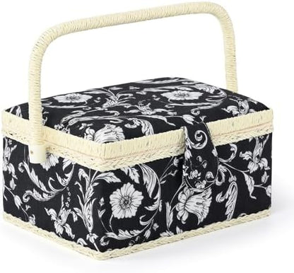 Medium Sewing Basket, Sewing Box with Accessories, Black White Flower by NOTIONSLAND
