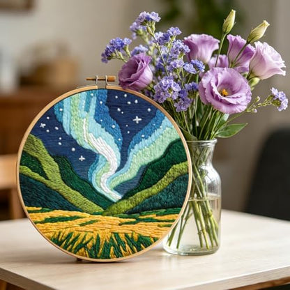 INFUNLY 2 Set Aurora Scenery Punch Needle Kit Natural Landscape Punch Needle Embroidery Kits for Adults DIY Punch-Stitching Kit with Instruction Threader Needles Frame for Wall Decor - Image 4