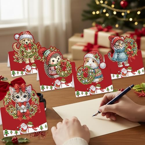 6 Pcs DIY Christmas Animal Diamond Art Painting Greeting Cards with Envelopes, Special Shaped Gem Postcards Kit for Adults, Xmas Holiday Gifts Stocking Stuffers Winter Decor (Mouse Tiger Deer Cat Dog) - Image 5
