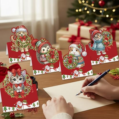 6 Pcs DIY Christmas Animal Diamond Art Painting Greeting Cards with Envelopes, Special Shaped Gem Postcards Kit for Adults, Xmas Holiday Gifts Stocking Stuffers Winter Decor (Mouse Tiger Deer Cat Dog) - Image 5