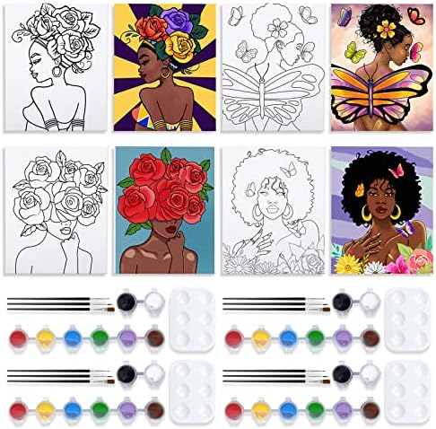VOCHIC Sip and Paint Kits Pre Drawn Canvas Couples Painting Party Kit with Outline Canvas for Adults Date Night Games for Couple Flower Butterfly Girl Paint Art Set, 4 Pack (8 x 10In) by VOCHIC