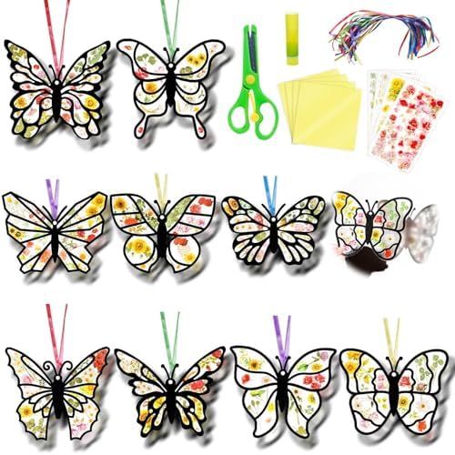 EggSun 36 Sets Butterfly Suncatchers Craft Kit Ornaments Dried Flower Stickers Window Arts and Crafts Kit for Classroom Holiday Projects Home Party Favors Decorations by EggSun