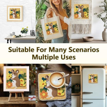 Doodlream Mouse with Flower Needle Kit for Beginner, 9.4"x 9.4" Cute Forest Animal Punch Stitching Craft Set, Color DIY Embroidery Starter with Printed Frame, Instruction, Threader, Yarn, Pinch Needle - Image 5