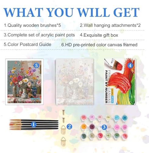 PRASIO Framed Paint by Numbers Kit for Adults Beginner, Vintage Flowers Adult Paint by Number Kits on Canvas Framed, DIY Acrylic Watercolor Oil Paint by Numbers with Frame for Home Decor 16x20 Inch - Image 5