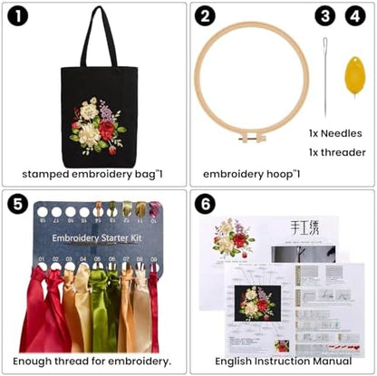 CREAWONDER Canvas Tote Bag Embroidery Kit with Pattern for Beginners, Arts and DIY Embroidery Crafts Kits for Adults, Include Instructions, Embroidery Hoops, Color Threads and Tool - Image 4