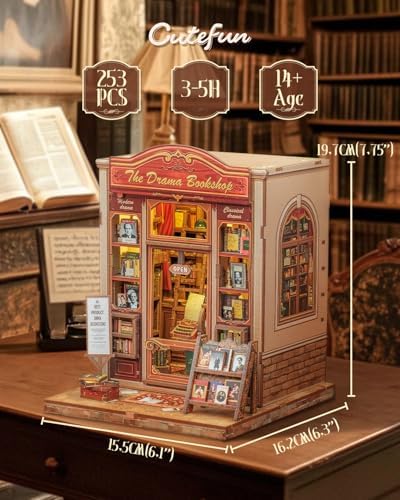 Cutefun Book Nook Kit - DIY Miniature Dollhouse Booknook Kit for Adults and Teens, 3D Wooden Puzzle Bookshelf Insert Decor with LED Light, Gifts for Family and Friends (The Drama Bookshop) - Image 2