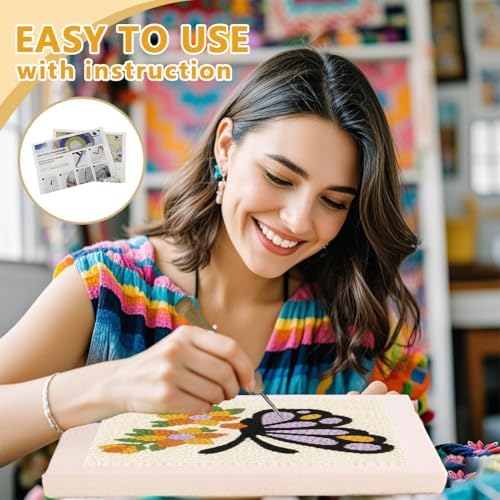 Doodlream Butterflies and Flowers DIY Punch Needle Embroidery Kit for Adult Beginner, 9.4" Punch Stitching Craft Set for Starter with Frame, Fabric Pattern, Threader, Yarn, Pinch Needle - Image 3