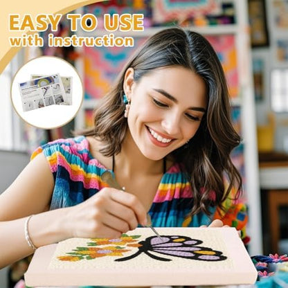 Doodlream Butterflies and Flowers DIY Punch Needle Embroidery Kit for Adult Beginner, 9.4" Punch Stitching Craft Set for Starter with Frame, Fabric Pattern, Threader, Yarn, Pinch Needle - Image 3