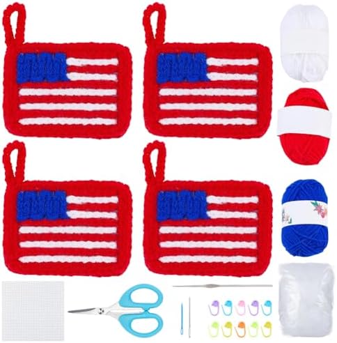 WEBEEDY 4 Sets DIY Flag Crochet Pouch Kit for Adults Beginners, Complete DIY Crochet Knitting Bag Keychain Craft Set with Red White Blue Yarn, Video Tutorial for Patriotic Independence Day Decor Gift by WEBEEDY
