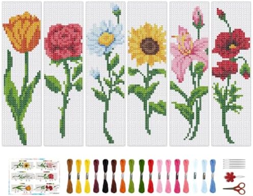 BEUNITONE 6 Pcs Flower Bookmark Cross Stitch Kits DIY Stamped Embroidery Bookmark Kit for Adults Beginner with Instructions Vivid Floral Cross Stitch Kits for DIY Crafts Book Lovers Gifts 2.4x8 in by BEUNITONE