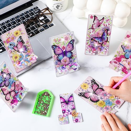 Saillong 6 Pcs Butterfly Flowers Diamond Art Cell Phone Holder Stand - Image 3