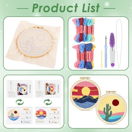 ERKOON Punch Needle Kit Adults Beginners, 2 Pcs DIY Easy Landscape Embroidery Set for Starter Art Craft, Needling Punching Project with Patterns, Tools, Yarns, Hoop, Instruction (Desert & Afterglow) - Image 2